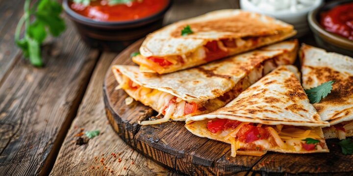 Mexican Quesadillas with Cheese and Sauce on Rustic Wooden Board