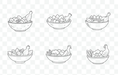 Print Chicken Caesar Salad Line Art Vector Set with Illustrations of Fresh Ingredients and Classic Presentation