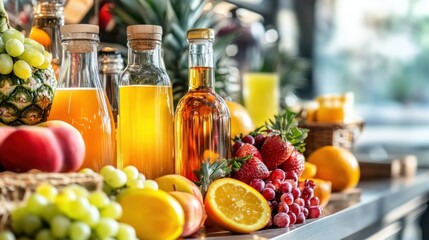 Fresh Fruit and Juice Bottles on a Countertop.