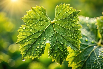 Symmetrical macro shot of glistening vineyard leaves showcasing intricate water droplet patterns against lush green backdrop
