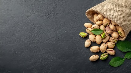 Cascade of freshly roasted pistachios from burlap sack
