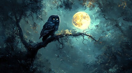 An owl perches quietly on a branch, the full moon casting its soft glow through the forest.