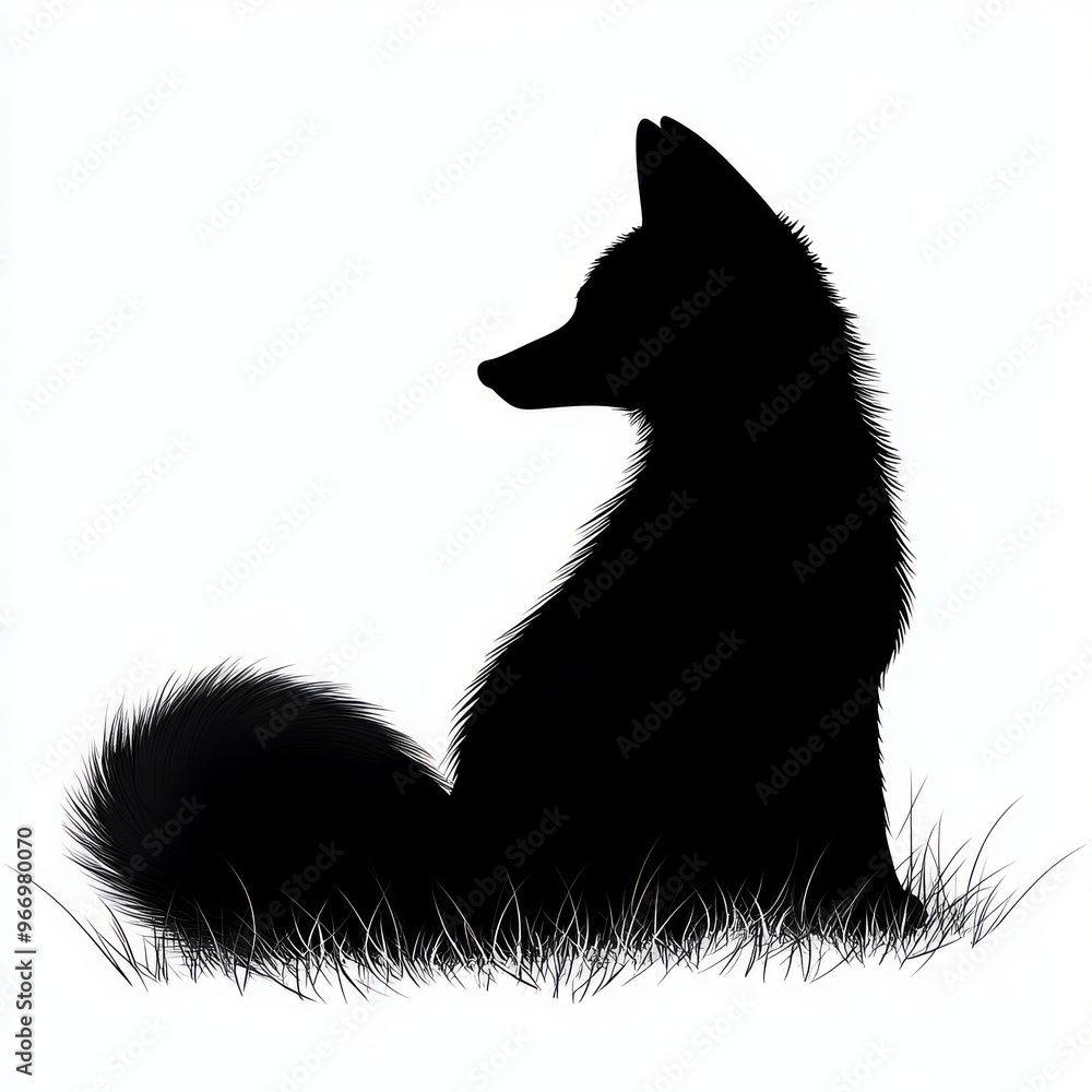 Poster A black silhouette of a fox sitting on a patch of grass.