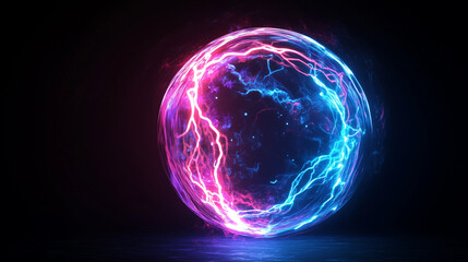 Spherical neon purple, yellow and blue cosmic energy or plasma ball with bright electric lightning streams and glowing effects on black background, VFX