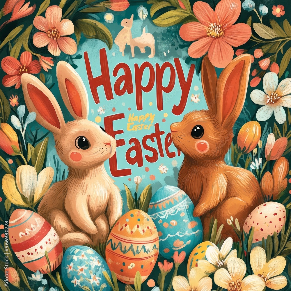 Wall mural A cheerful Easter illustration featuring two bunnies, colorful eggs, and flowers.