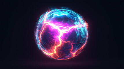 Spherical neon purple, yellow and blue cosmic energy or plasma ball with bright electric lightning streams and glowing effects on black background, VFX