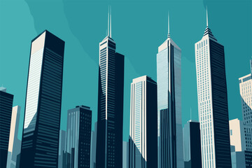 Naklejka premium Modern Skyscrapers Reaching Toward Clear Blue Sky