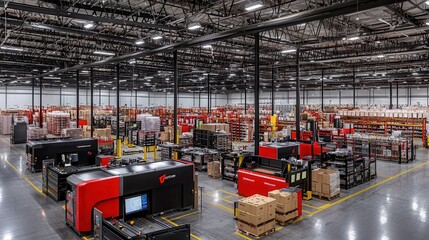 Modern Warehouse Interior with Automated Packaging Machines and Pallets of Boxes