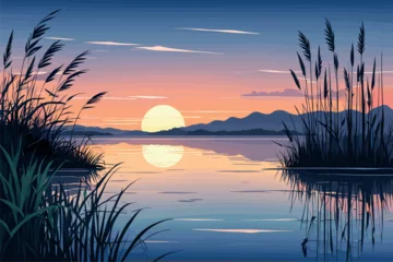 Fototapete Rund Serene Sunset Over Calm Lake with Reeds © Katyam1983
