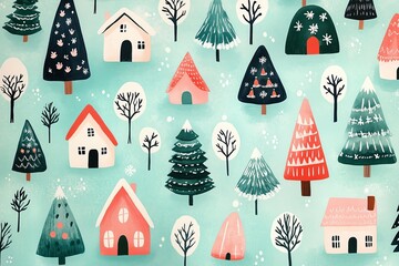 risograph printing illustrator a seamless pattern with cute Christmas trees for festive packaging design