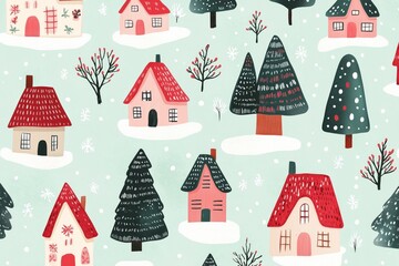 risograph printing illustrator a seamless pattern with cute Christmas trees for festive packaging design