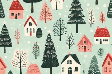 risograph printing illustrator a seamless pattern with cute Christmas trees for festive packaging design