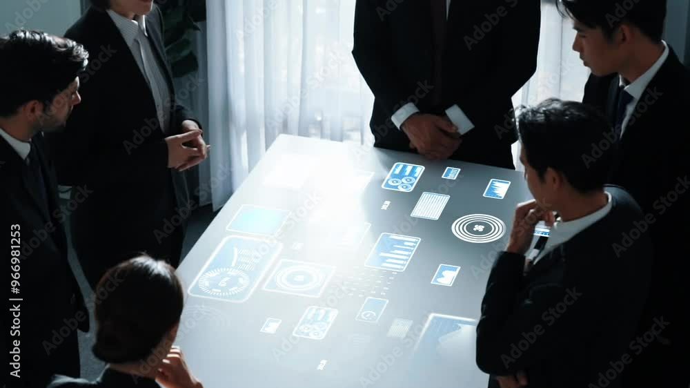 Aufkleber top view of business people group discussing and brainstorming about marketing strategy with hologra