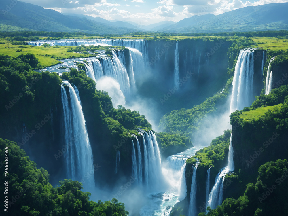 Wall mural photorealistic illustration of large waterfall chain on a lush green beautiful landscape.