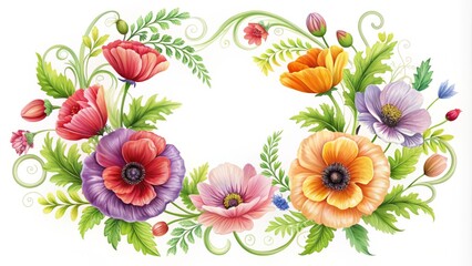 Colorful poppy flowers entwined in a modern vector wreath design, adorned with gentle swirls and delicate lines, evoking whimsy and elegance.
