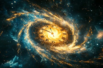 Clock face embedded in swirling galaxy, representing time and space.