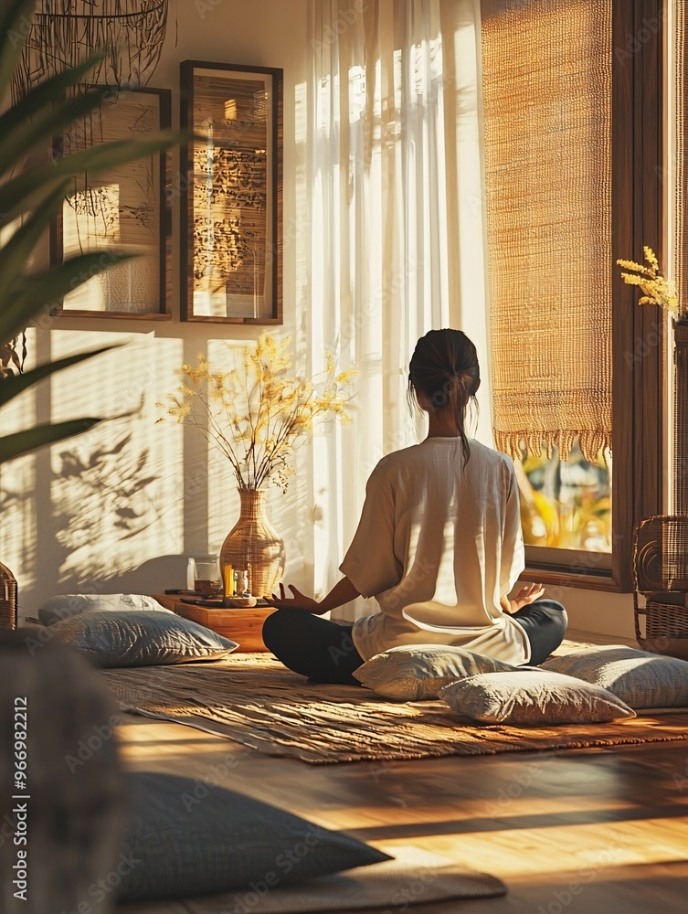 Aufkleber a serene person engages in mindful meditation in a luminous space adorned with gentle cushions and s