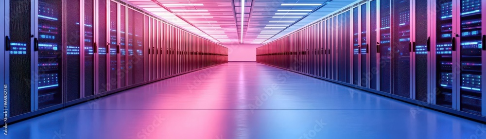 Poster futuristic data center featuring rows of servers with colorful lighting, emphasizing technology and 