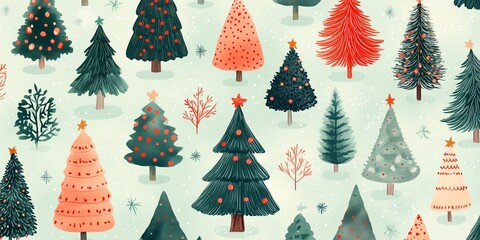 risograph printing illustrator a seamless pattern with cute Christmas trees for festive packaging design