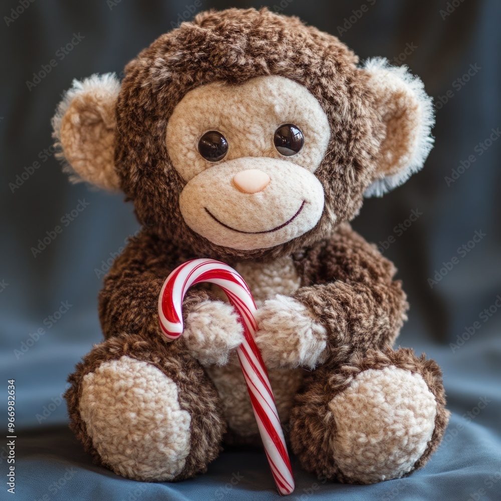 Canvas Prints A brown plush monkey toy sits on a blue background, holding a candy cane in its hands.