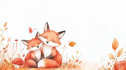Adorable watercolor illustration with cute fox mom and her baby and autumn leaves and mushrooms