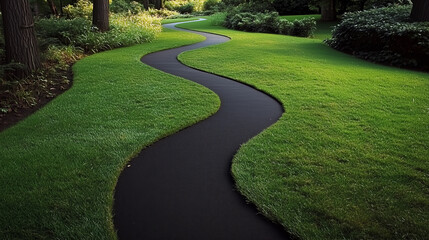 Fototapeta premium A winding black pathway cuts through a lush green lawn in a park