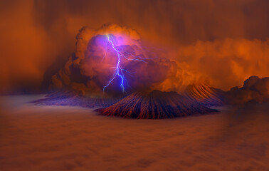 Beautiful landscape with Mount Bromo volcano viewpoint in Bromo Tengger Semeru National Park at sunrise, Indonesia.