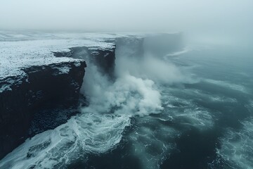 Naklejka premium Majestic snow-covered cliffs and turbulent waves meeting in mystical winter scene