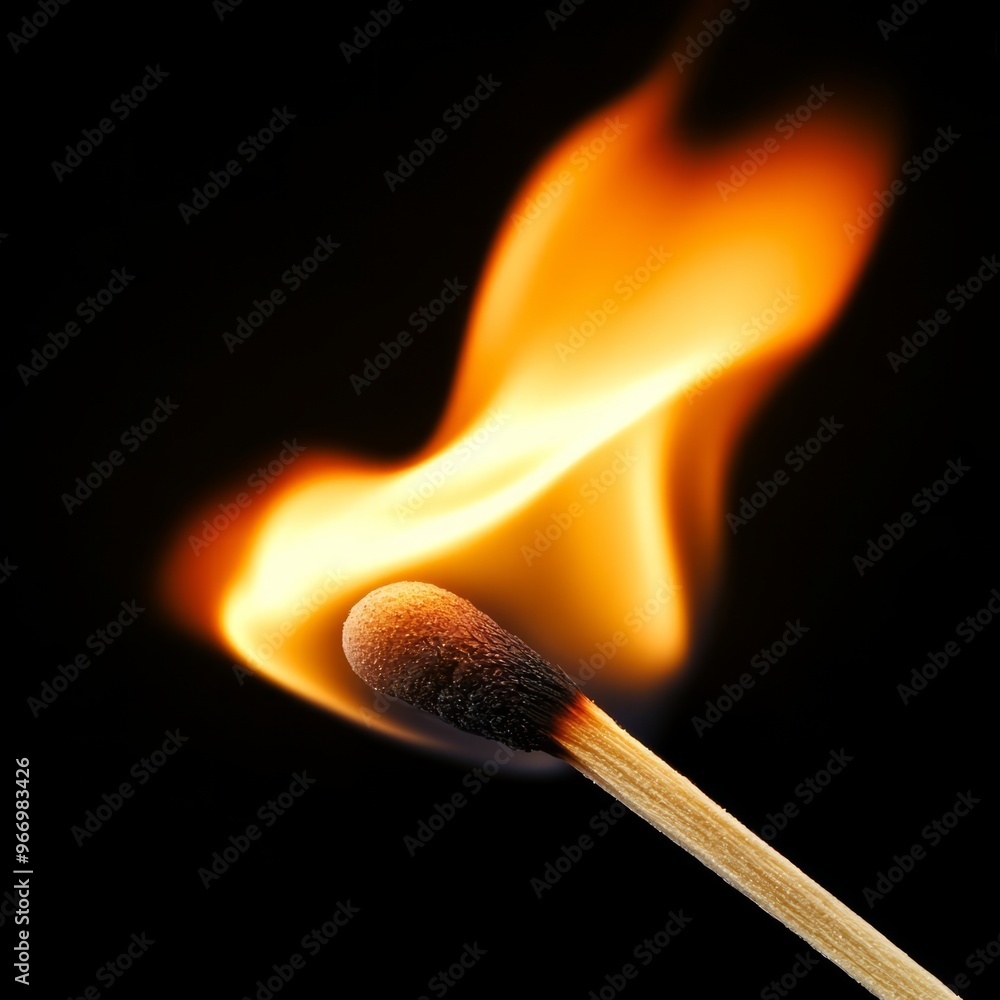 Wall mural A burning matchstick with a bright flame against a black background.