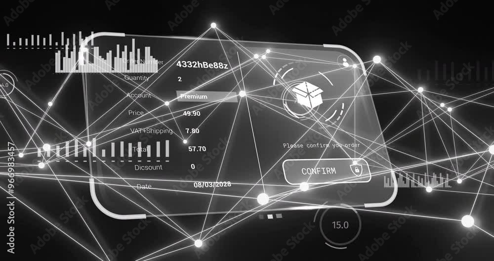 Aufkleber animation of data processing with icons over connections