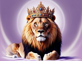 A regal lion with a gold crown against a lavender background showcases its majestic mane and golden eyes. Made with generative AI technology