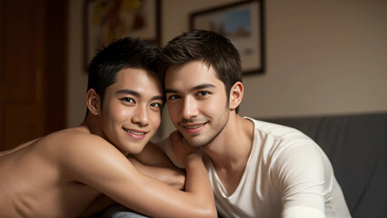 部屋でくつろぐ親密なゲイカップル