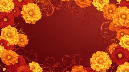 Festive Mexican Marigold Flower Frame on Deep Red Background with Space for Text - Elegant and Vibrant Floral Design