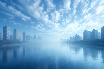 Obraz premium Misty urban skyline with reflections on a calm river under dramatic cloudy sky
