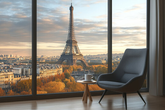 A minimalist living room corner with a large window showing the Eiffel Tower. The room features a sleek grey armchair and a small wooden side table with a cup of coffee. 