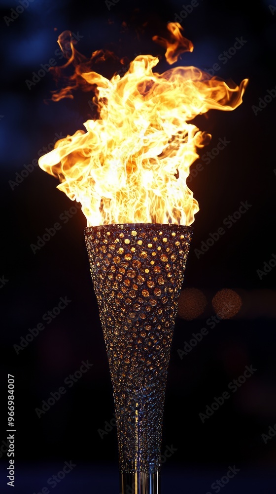 Poster A burning torch with a golden textured body and fiery flames against a dark background.