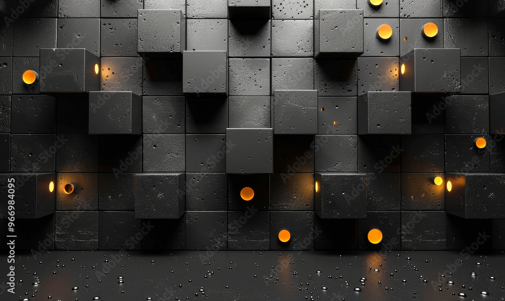 Poster futuristic tech background with 3d geometric structure and glowing elements, minimal dark design, ad