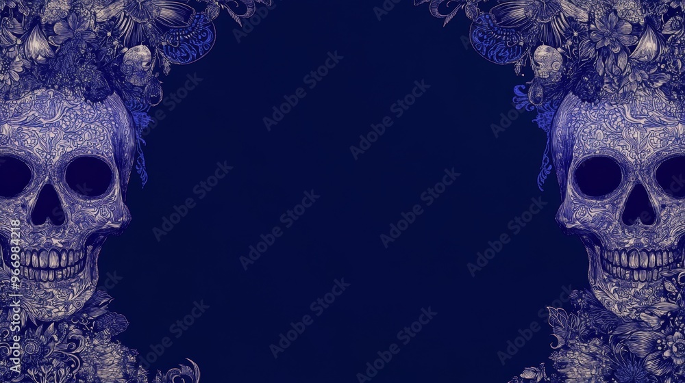 Wall mural Dia de los Muertos Elegance: Intricate Floral Skull on Dark Blue Background with Mexican Motifs Border