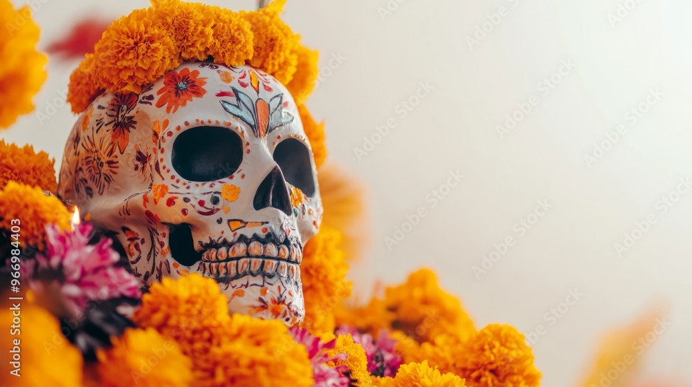 Sticker Celebratory Dia de los Muertos Skull with Floral and Geometric Designs