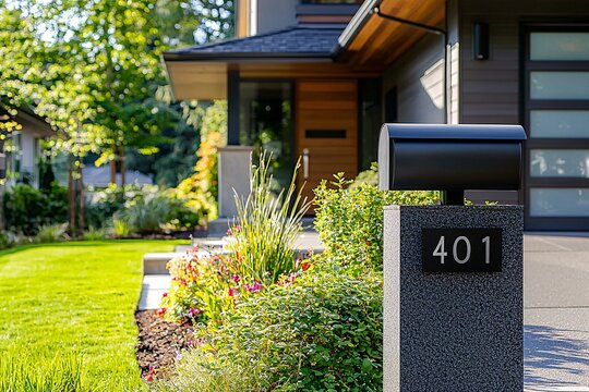A sleek mailbox stands next to a pristine walkway, highlighting an elegant home entrance with a prominent house number.