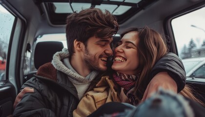 Endearing Moments of Affection: A Young Couple's Joyful Journey in their Minivan