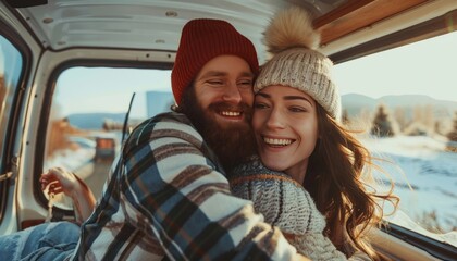 Joyful Moments in the Minivan: A Beautiful Young Couple Embracing and Smiling Together