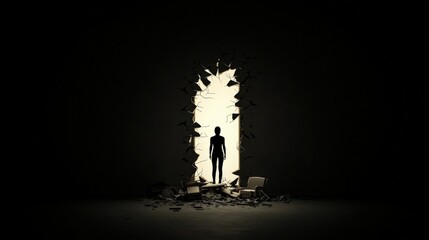 Silhouette of a Person Standing in a Broken Wall with Light Shining Through