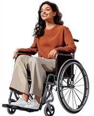 Smiling disabled woman in a wheelchair, depicted in PNG format.