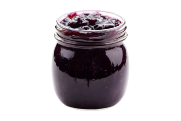 A jar of homemade berry marmalade or blueberry jam isolated on white transparent background, perfect for enhancing breakfast and desserts