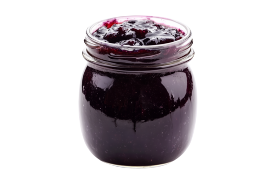 A jar of homemade berry marmalade or blueberry jam isolated on white transparent background, perfect for enhancing breakfast and desserts