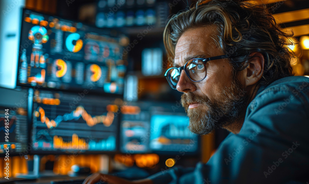Poster focused financier analyzing statistics and graphs on multiple screens in creative office environment