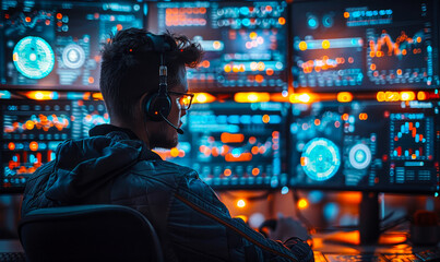 Professional IT Programmer Working Late Night in Data Center on Multiple Displays, Developing Blockchain and Data Network Software, Technical Atmosphere, Detailed Interface