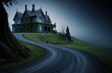 Obraz premium A winding, overgrown path leads to an abandoned manor, evoking nostalgia and decay against a grey, overcast sky. Made with generative AI technology