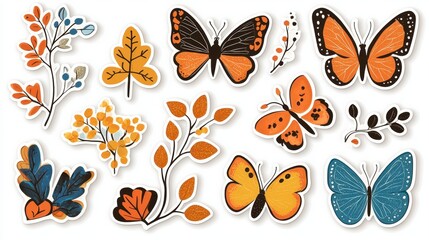 Naklejka premium Cute Butterfly Stickers with Floral Elements